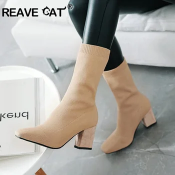 

REAVE CAT 2019 Stretch Boots for Woman Mid Calf Work Boots block Heel knitting sock bootie beige spring autumn Big size 45 46 47