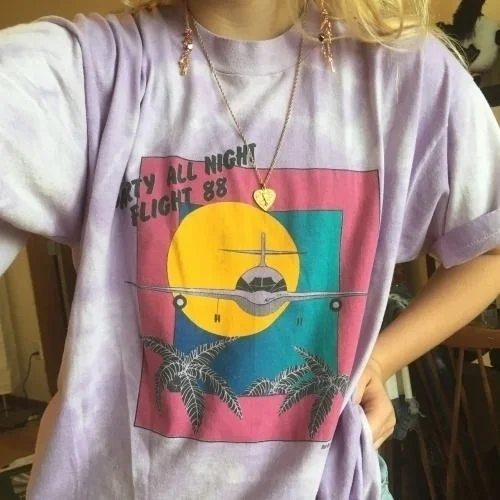 PUDO HJN Party All Night Flight 88 T-Shirt Women Grunge Retro Style Tee 90s Fashion Tops Purple White PUDO HJN Party All Night Flight 88 T-Shirt Women Grunge Retro Style Tee 90s Fashion Tops Purple White