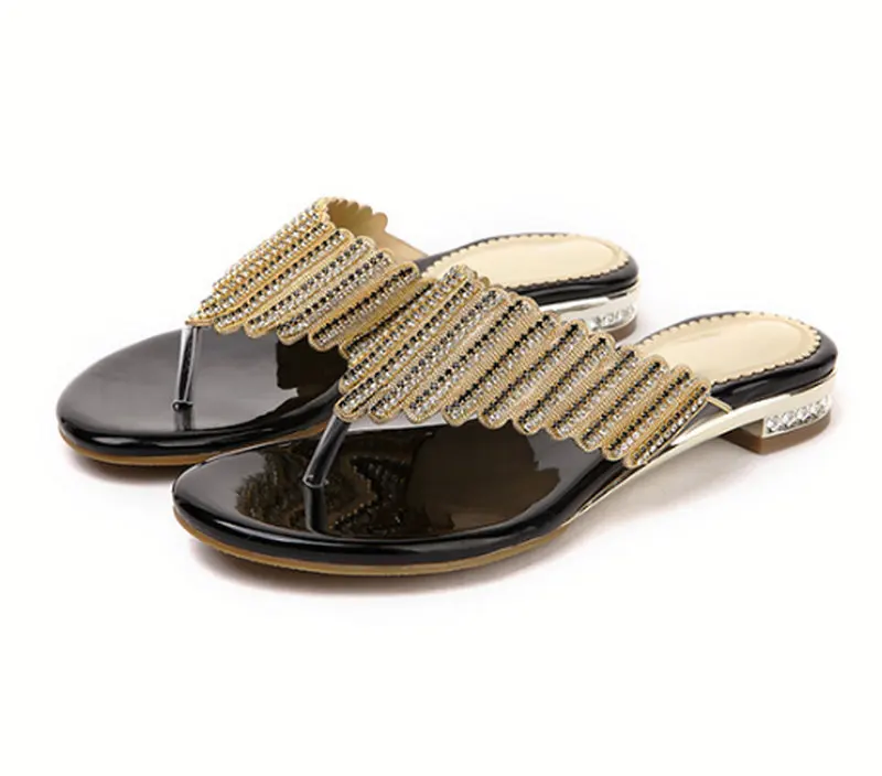 Для женщин и девочек Тапочки сланцы сандалии на плоской подошве кожаные Туфли летние сандалии со стразами детская обувь - Цвет: Черный