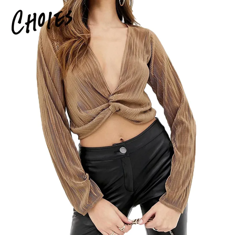 

Khaki Plunge Pleated Detail Knot Front Long Sleeve Crop Top Blouse Women Silm Skinny 2019 Spring Short Blouse Top