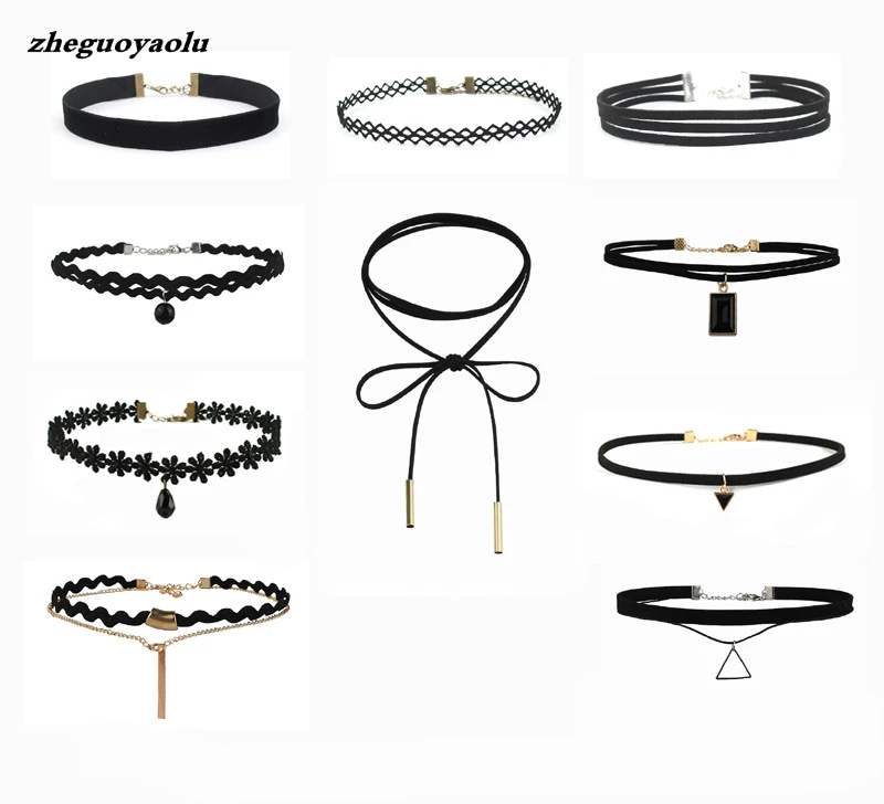 

10 Pieces Best Offer New Fashion Women Black Rope Choker Necklace Set Velvet Stretch Classic Gothic Lace Choker Chain 1 Set