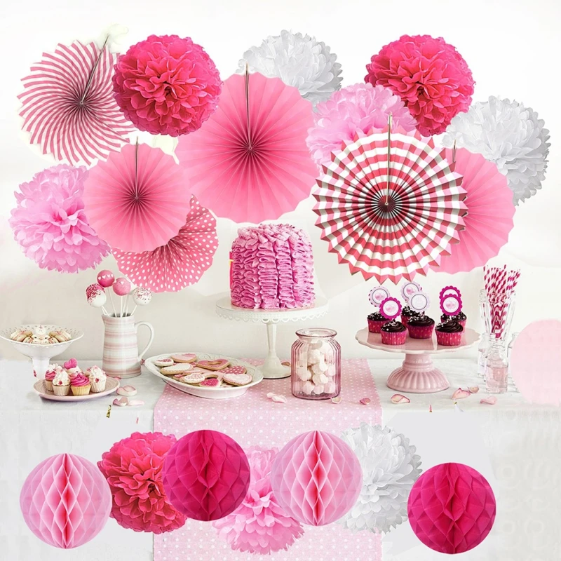 

Hanging Paper Fan Set Tissue Paper Pom Poms Flower Fan and Honeycomb Balls for Birthday Baby Shower Wedding Festival Decorations