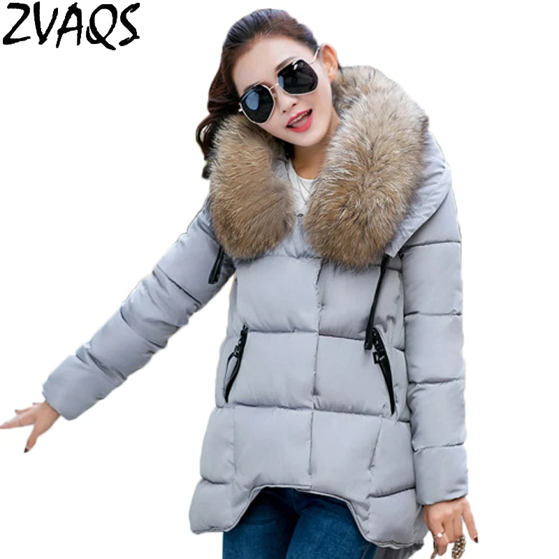 

Plus Size Asymmetric Length Jacket New Winter Jacket Women Down Cotton Coat Female Large Fur Collar Hooded Loose Parkas YM394