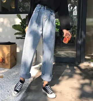 

New 2018 Summer Vintage Bleached Woman Jeans Casual Pockets High Waist Wide Leg Pants Loose Elastic Waist Oversize Curl Denim