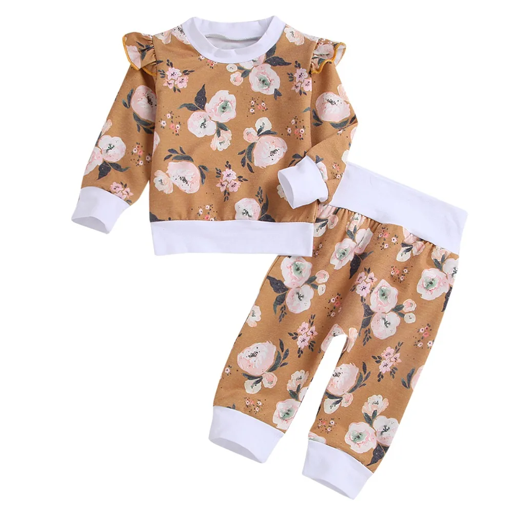Puseky/комплект из 2 предметов, милая хлопковая футболка с длинными рукавами и оборками для новорожденных девочек топы, длинные штаны, одежда