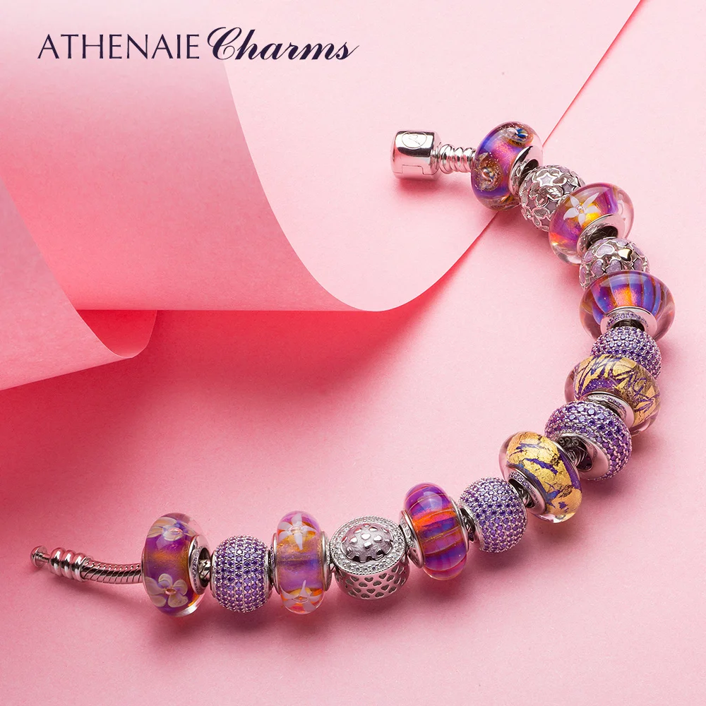 ATHENAIE 925 серебряный браслет, элегантный фиолетовый цветок, Золотая фольга и эмаль, бусины из муранского стекла для женщин, очаровательный браслет