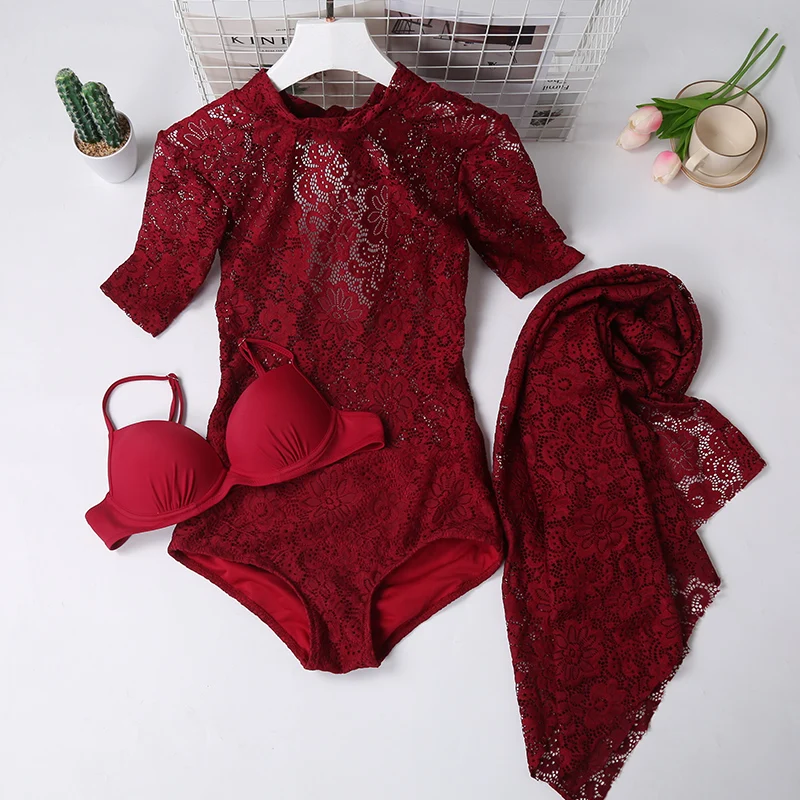 

Black Lace One Piece Swimsuit 2018 New Plus Size Long Sleeve Swimwear Women Dress Swimwear Vintage Retro Bathing Suits Swimsuit