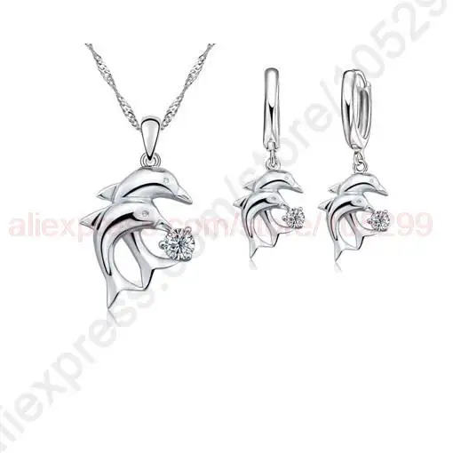 

Latest Doule Dolphin Jewelry Sets 925 Sterling Silver Jewellery White Cubic Zirconia Pendant Necklace Lever Back Earring
