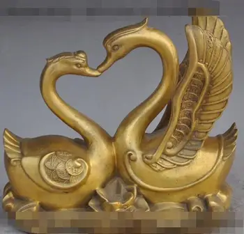 

S00366 8" chinese fengshui brass wealth money coin Goose Swan duck lotus Lovers statue