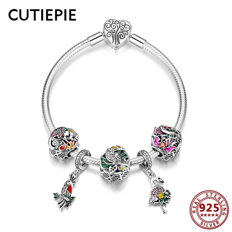 

CUTIEPIE New 100% Real 925 Sterling Silver Elegant Animal Birds Charms Beads Bracelets for Women Clear CZ Bracelet Jewelry Gifts