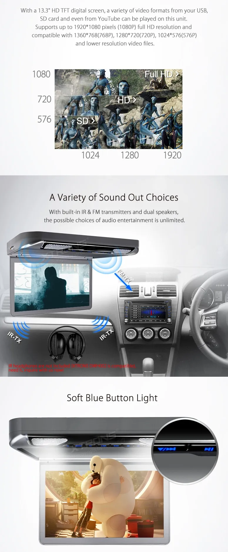 Best New 13.3" Gray Color Flip Down Car DVD Car Roof DVD Roof Mount Car DVD with 1920*1080 HD Resolution & 2 IR/FM Headphones 5 Best New 13.3" Gray Color Flip Down Car DVD Car Roof DVD Roof Mount Car DVD with 1920*1080 HD Resolution & 2 IR/FM Headphones 5