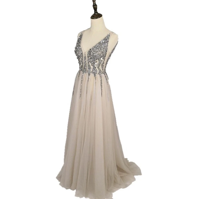 

Sexy Evening Dresses 2019 V-Neck Beads Open Back A Line Long Evening Dress Party Vestido De Festa High Split Tulle Prom Gowns