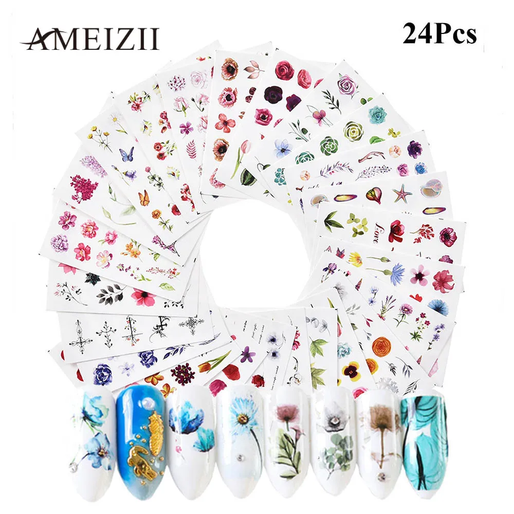 Наклейки для нейл арта AMEIZII 15/20/24 шт. акварельные наклейки с цветами оленями