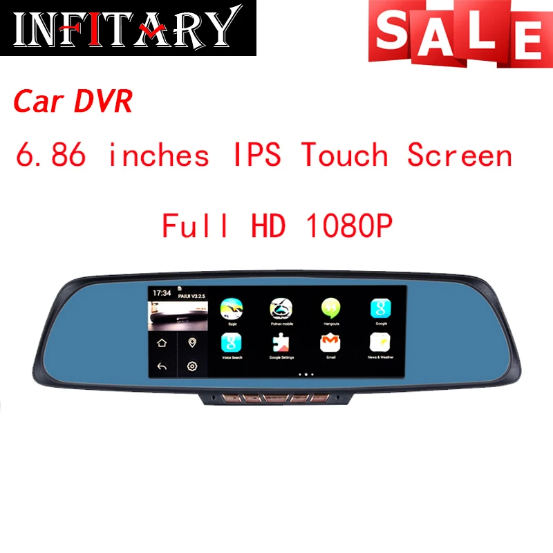 DHL EMS FHD 1080P 6.86 inch IPS touch screen car dvr car dvrs android 4.4.2 dual camera lens G-sensor Cycle Recording FM