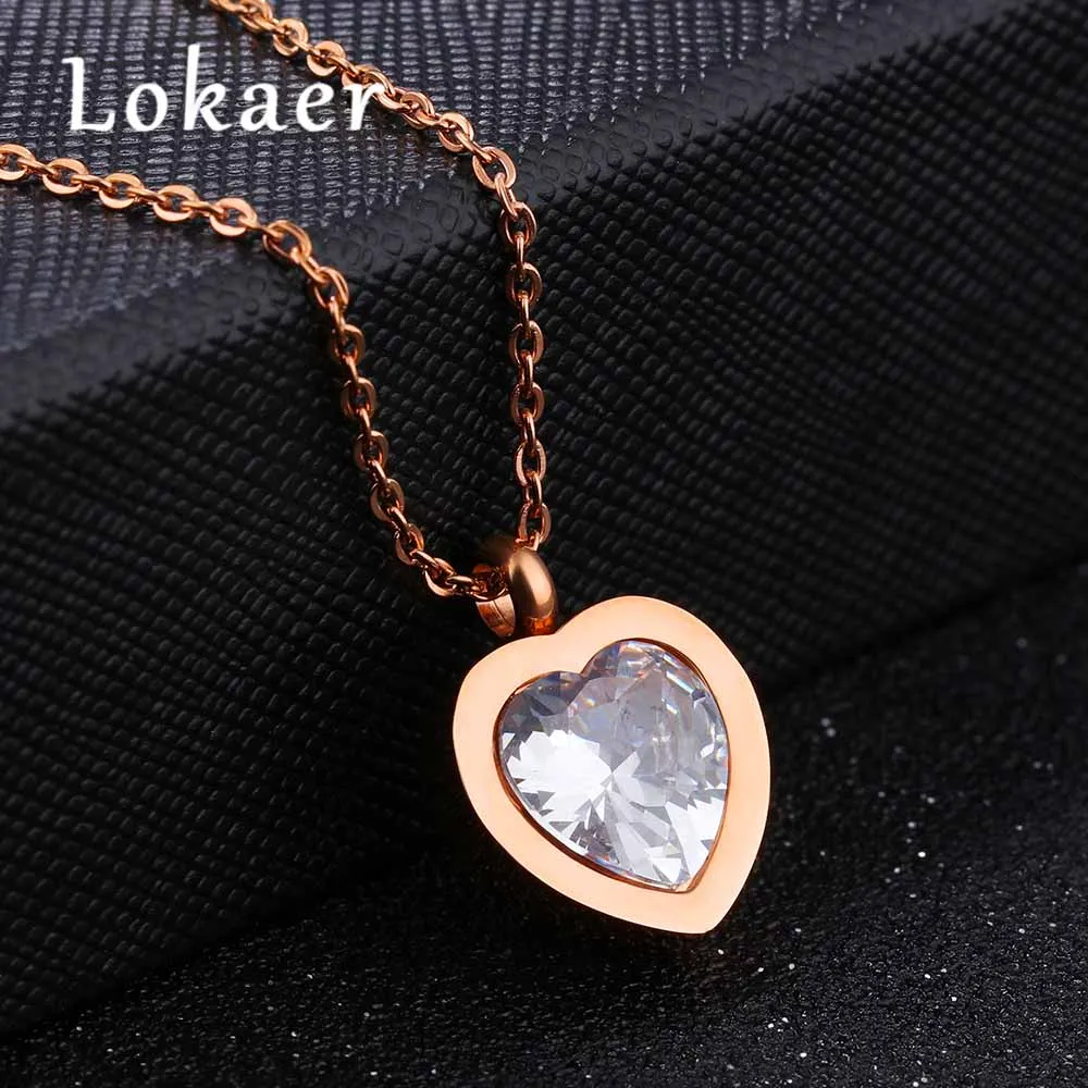 

Lokaer Classic Titanium Steel Rose Gold Color Inlaid Heart Cubic Zirconia Pendant Necklace Female Jewelry DropShipping LGX1198