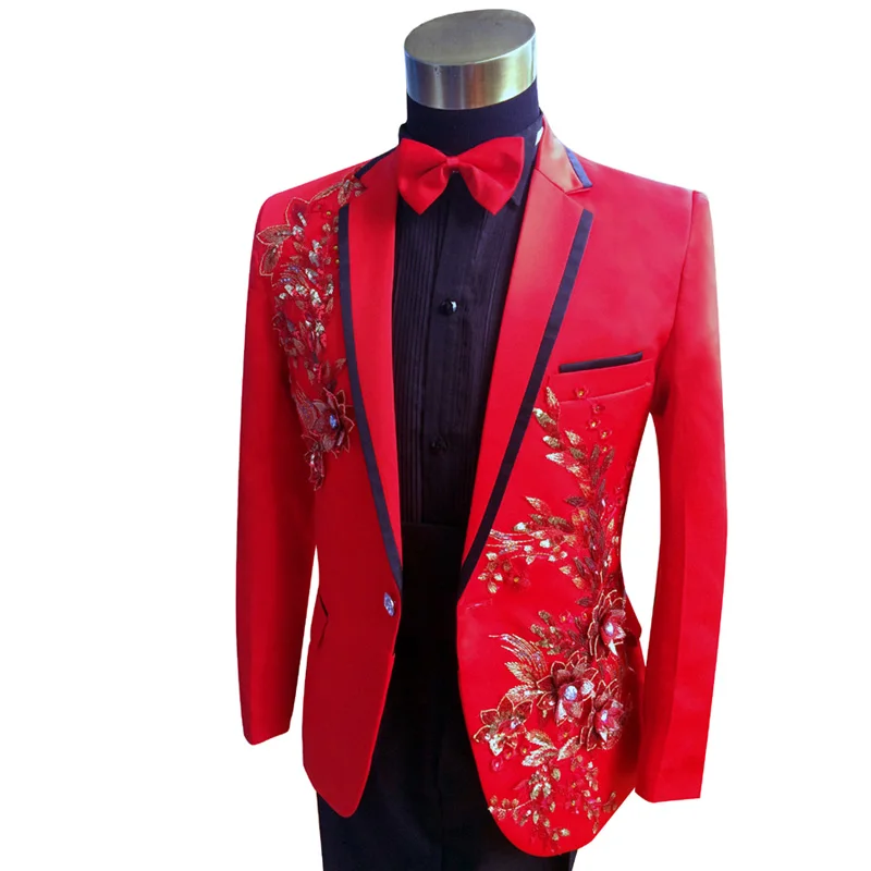 

Plus size red Embroidered Performance mens suit& Blazer Bandmaster singer costumes S-3XL