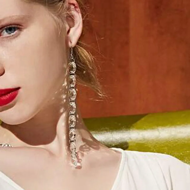 

New Design Crystal Geometry Long Drop Earring for Women Vintage Tassels Rhinestone Statement Dangle Earring ZA Jewelry 2018