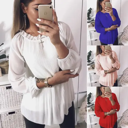 Fashion Women's Ruffles Jumper Blouse Top Long Sleeve Loose Chiffon Blouses Clothes Casual 