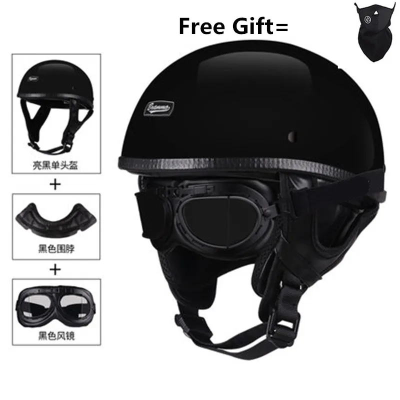 Мотоциклетный шлем мотоциклетный самокат с открытым лицом Половина кожаный шлем Ретро винтажный Стиль шлем для мотокросса с шейным платком - Цвет: Gloss black goggle