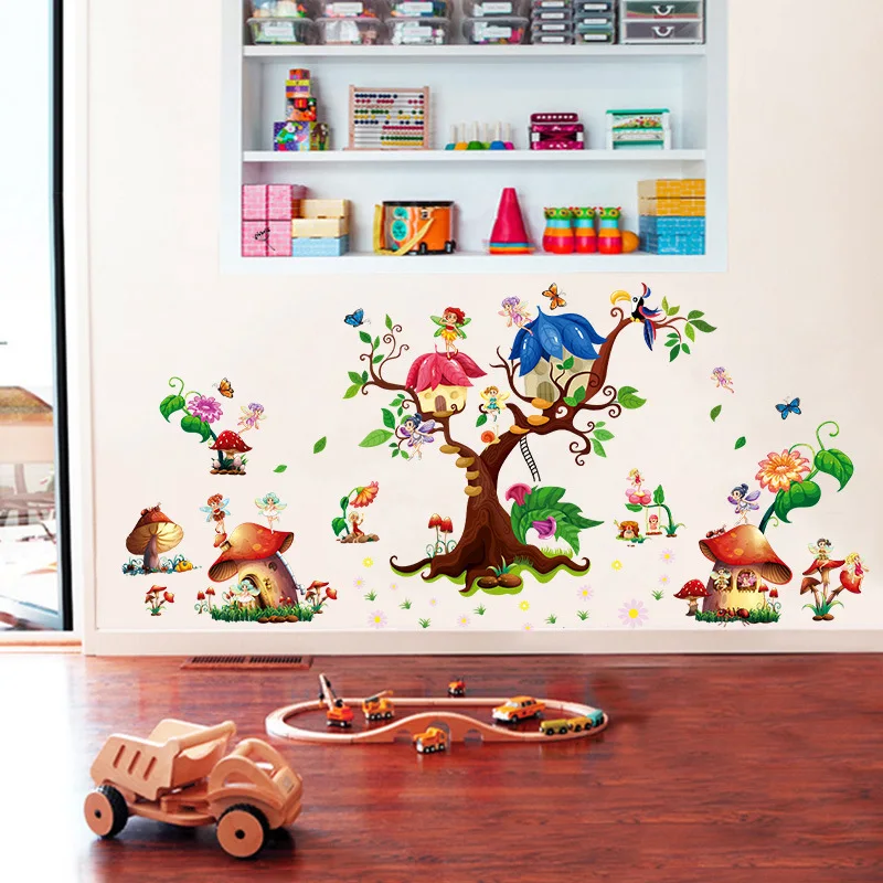 Бабочки, цветы, фея, Laraine, наклейки на стену, дерево и гриб, Зеленый лист, наклейки для детской комнаты, комнаты для девочек, гостиной, спальни