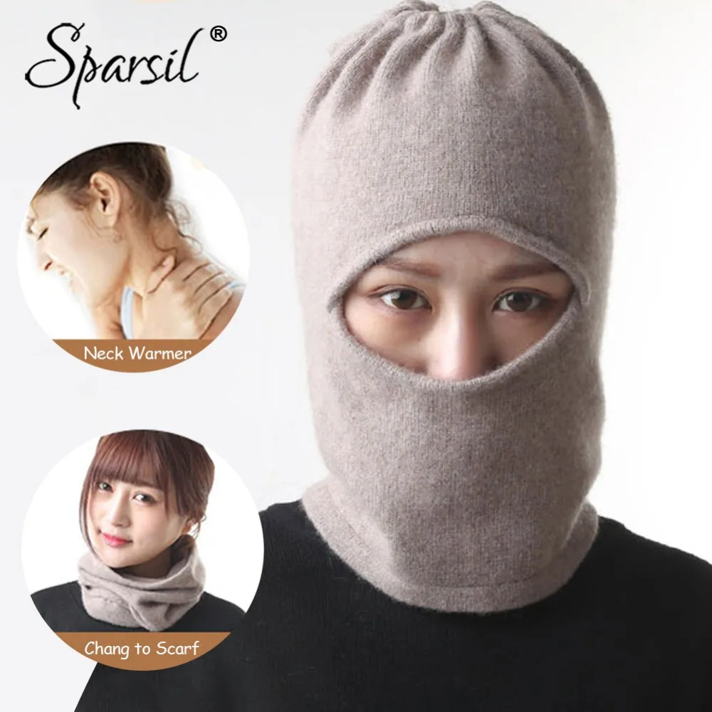 

Sparsil Men Women Cashmere Hat Eyes Exposed Mask Removable Turtleneck Ring Scarf Windproof Drawstring Knit Hats Neck Ear Warmer