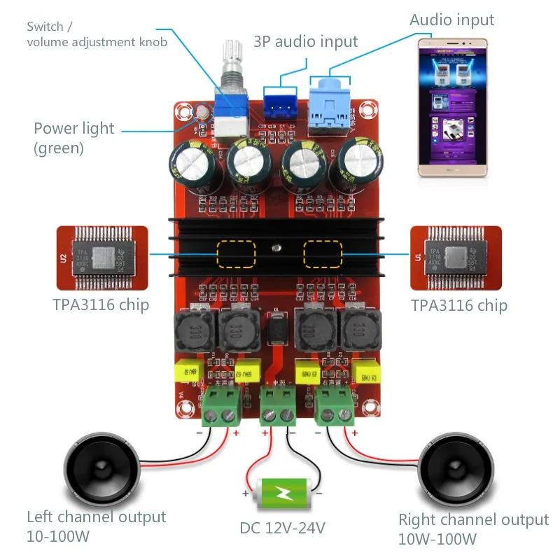 Высокая мощность Цифровые усилители доска TDA3116D2 Двухканальный аудио усилитель доска 12-24 В 100Wx2