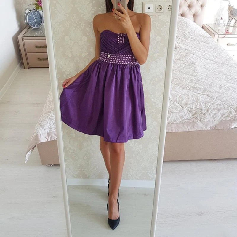 Tanpell/короткое коктейльное платье фиолетового цвета длиной выше колена, платье трапециевидной формы с Бисером Дешевые Коктейльные Вечерние платья без рукавов для девочек