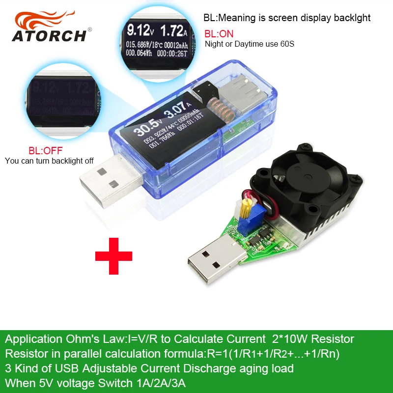 

ATORCH USB tester +DC load Digital voltmeter 15W power bank Aging charger indicator car voltage current meter doctor detector
