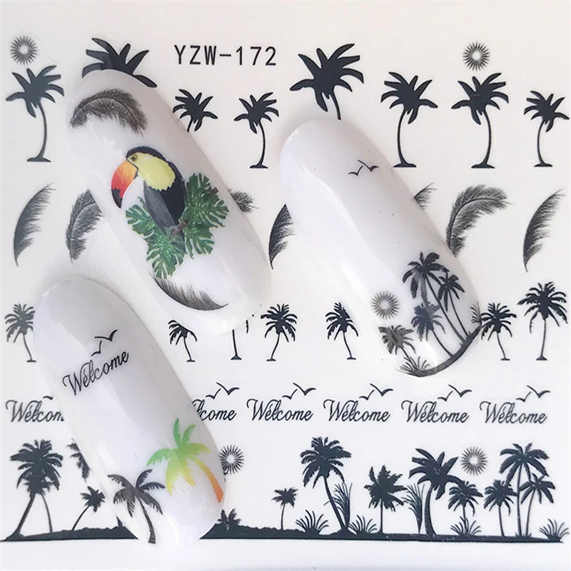 

FWC Nail Water Decals Summer Anchors Style Transfer Stickers Black Feather Leaves Nail Art Stickers