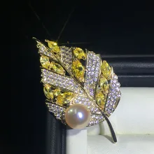 ZHBORUINI Высокое качество брошь с натуральным пресноводным жемчугом китайский стиль желтый циркон лист Брошь жемчужные украшения для женщин подарок