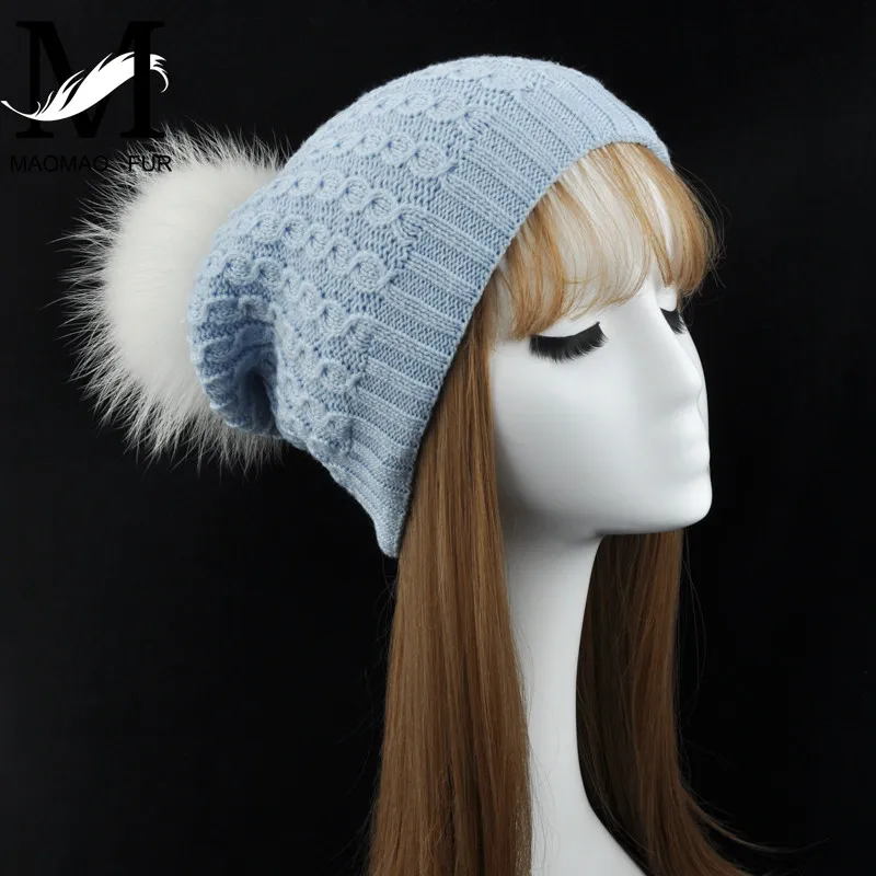 Real Raccoon Fur Pom Pom Hat Women Winter Autumn Cashmere Knitted Hat