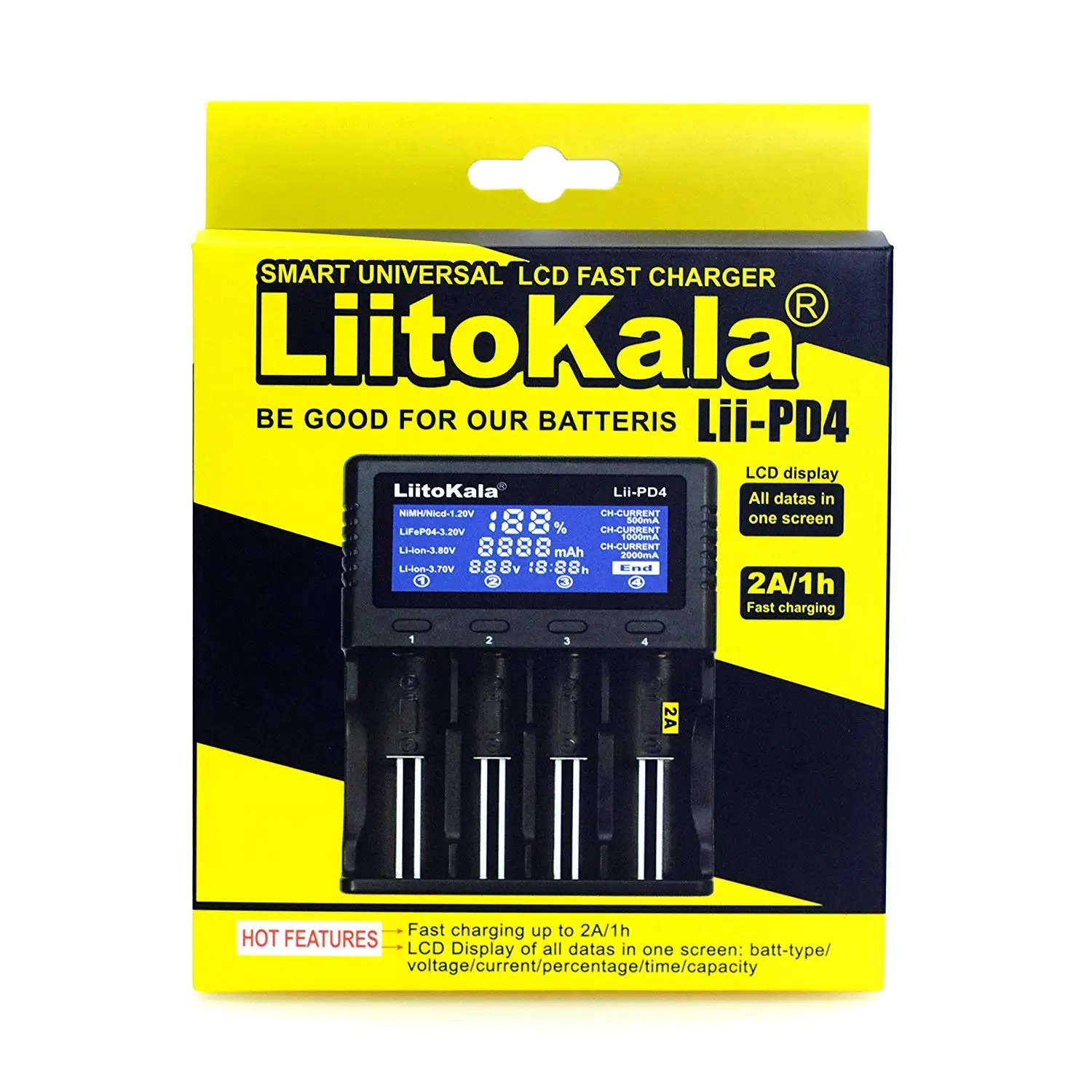 

Liitokala Lii-PD4 Battery Charger USB Cable LCD Display NiMH Lithium 3.7V 26650/21700/20700/18650/18490/18350 1.2V AA AAA SC C