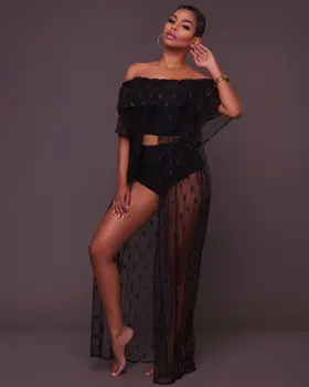 

Black Summer Beach Dress Bikini Cover Up Women Sexy Off Shouler Bathing Suit Lace Bikini Swimwear Cover Up Beach Dress