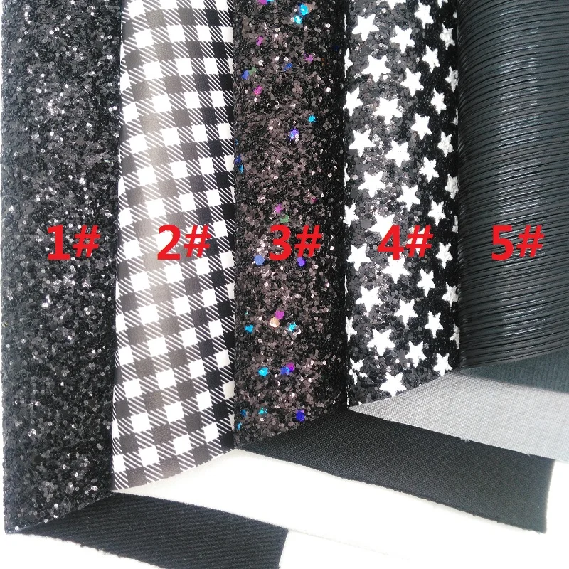 BLACK Chunky Glitter Canvas Sheet, 8"x11" Glitter Sheets, Plaids Stars Faux Leather Sheet For Hair Bow& Earring Fabric XM052