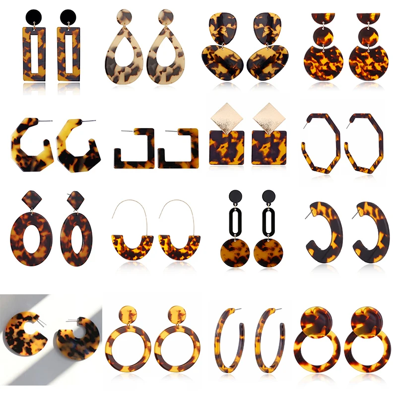 XIYANIKE New Fashion Tortoise Color Leopard Print Acrylic Acetic Acid Sheet Geometric Circle Square Long Drop Earrings for Women