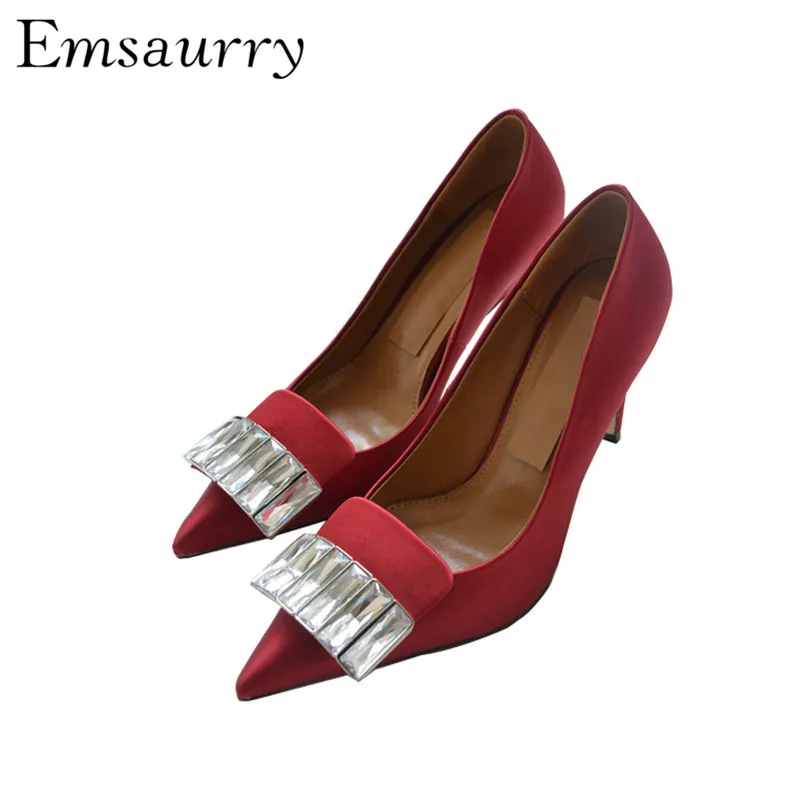Quality Leather Pumps Big Square Rhinestone Thin Heel Bling Glitter Luxury Satin Slim Shallow Party Shoes Woman