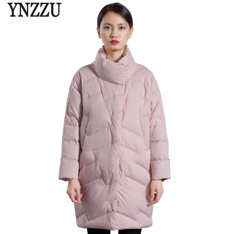 

YNZZU 2018 Autumn Winter Women's Jacket Elegant Stand Collar Warm 90% White Duck Down Coats Japan Style Loose Woman Outwear O603