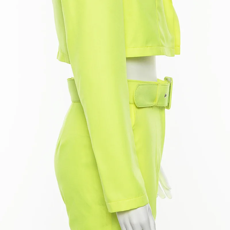 Bangniweigou осень зима лаймовый зеленый Блейзер и брюки комплект для женщин элегантные повседневные Костюмы шикарный зубчатый короткий Блейзер комплект из двух предметов