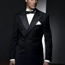 Индивидуальные черные двубортные смокинги для жениха из 2 предметов, облегающие мужские свадебные костюмы на выпускной, пиджак+ брюки, блейзер masculino