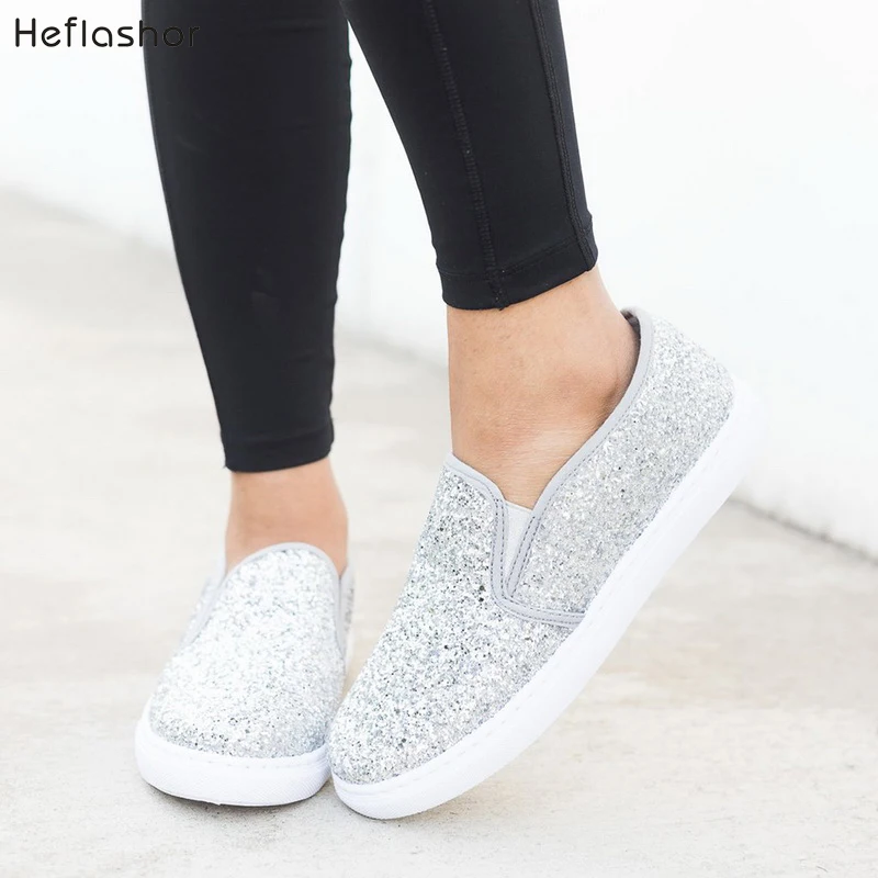 

HEFLASHOR Fashion Sneakers Women Flats Black Silver Shoes Rhinestone Bling Casual Shoes Korean Luxury Creepers Superstar Shoes