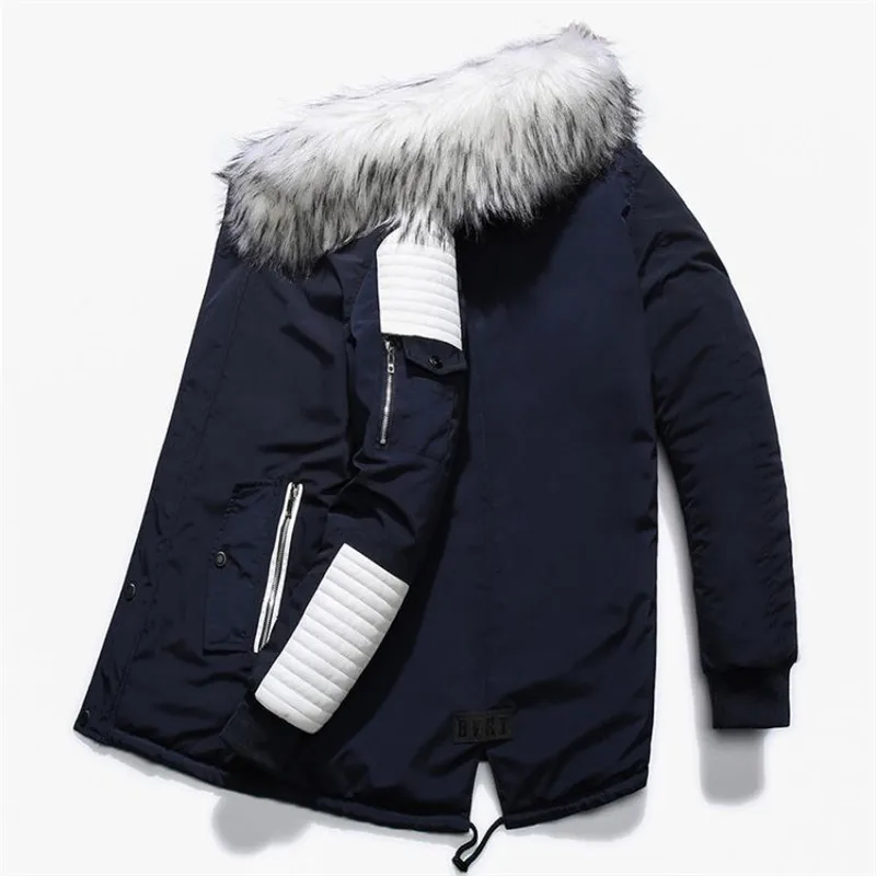 Зимняя мужская хлопковая куртка, повседневная, большой меховой воротник, теплое пальто, с капюшоном, Сращивание, ветровка, длинная, большой размер, пуховик