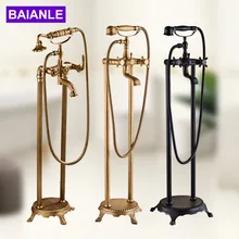 Sitting Antique Brass Hot and Cold Bathroom Freestanding Bathtub Sink Mixer Faucet-Double Handle Tub Faucet with Handheld Shower rolya cubix floor standing bathtub shower mixer faucet taps freestanding brass chrome finish handheld wand with bathtub filler