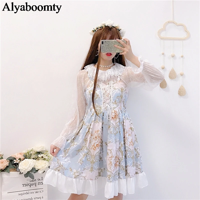 

Japanese Harajuku Summer Autumn Women 2 Pcs Dress Floral Printed Bandage Cute Kawaii Dress Mori Girl Lolita Style Ruffles Dress