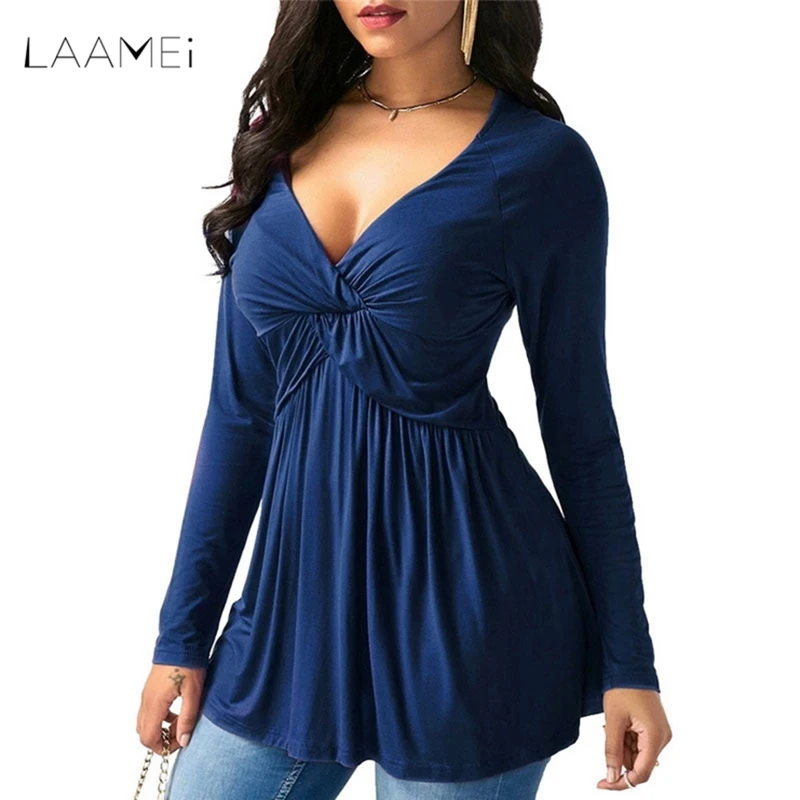 

LAAMEI Sexy Solid V-Neck Autumn Harajuku T Shirt Women Top T-shirt Vintage TShirt Casual Tee Pleated Long Sleeve Shirt Plus Size