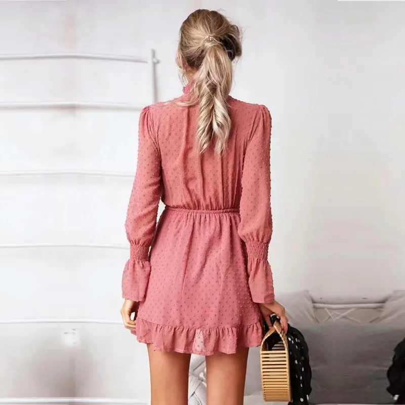 yinlinhe Pink Dot Dress Women Long Lantern Sleeve Transparent Turtleneck Autumn Dress Women Sexy Slim Waist Vestido  1