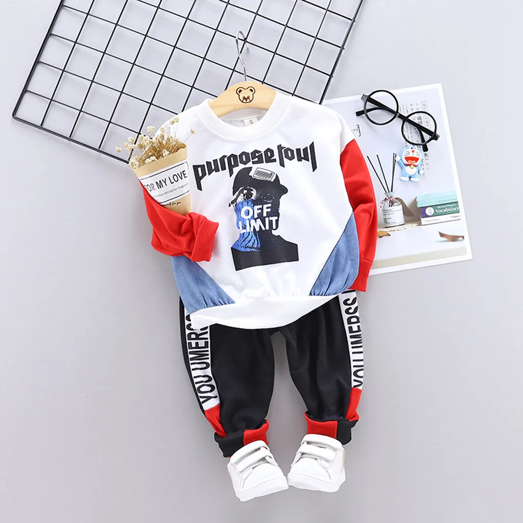 

Children Toddler Kids Baby Boy Cartoon Style Letter Print Letter Long Sleeve Tops+Patchwork Pants Fashion Outfits Set 2pcs