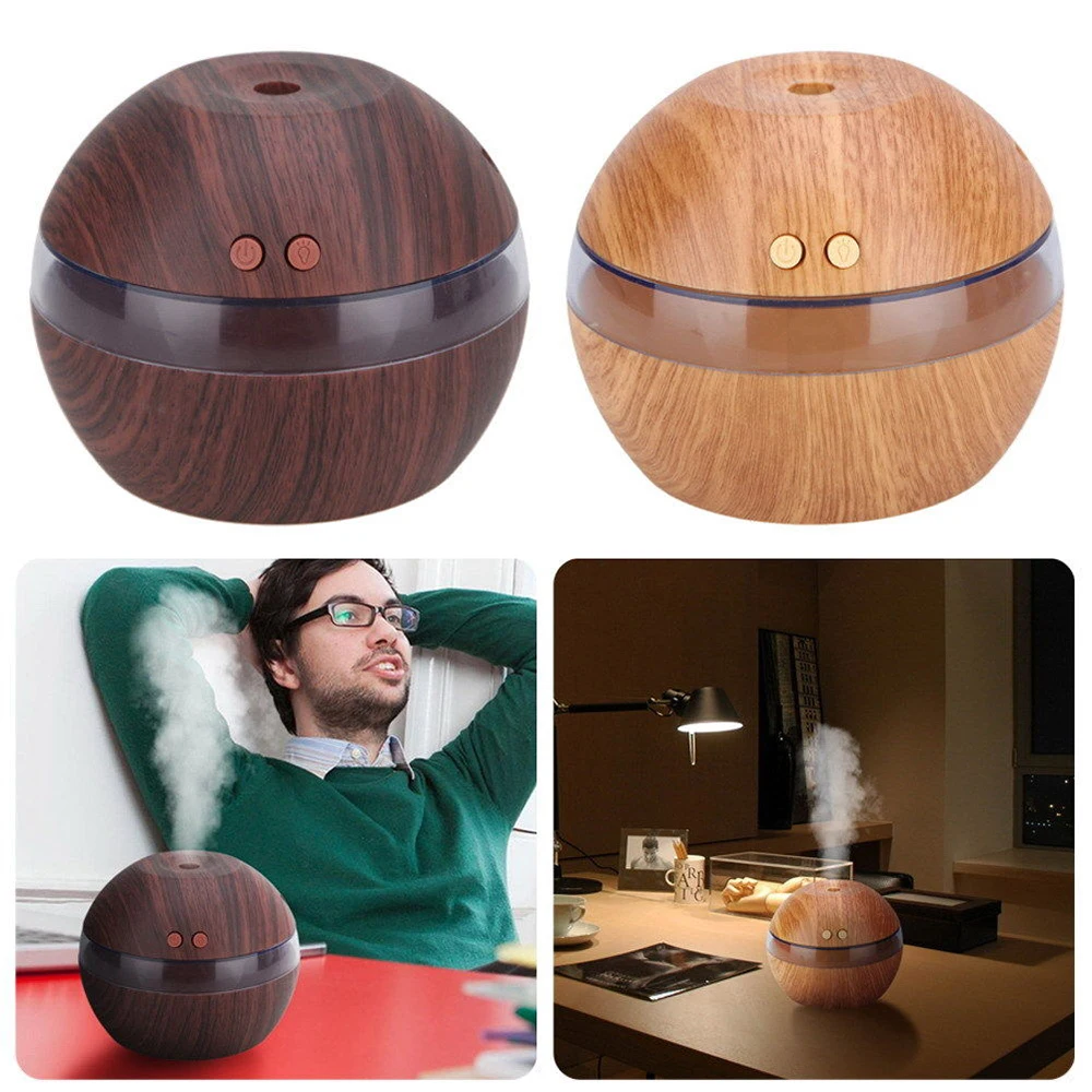 Air Aroma Essential Oil Diffuser LED Ultrasonic Wood Grain Round Aroma