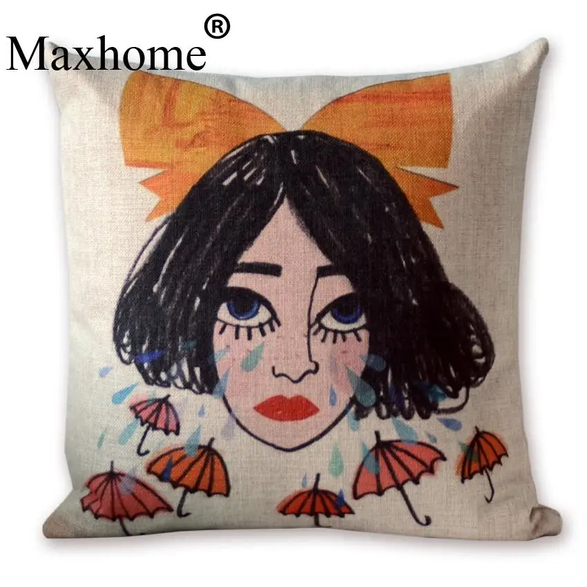 Buy British Art Cartoon Cotton Linen Pillowcase Sad Girl Cushion Decorative