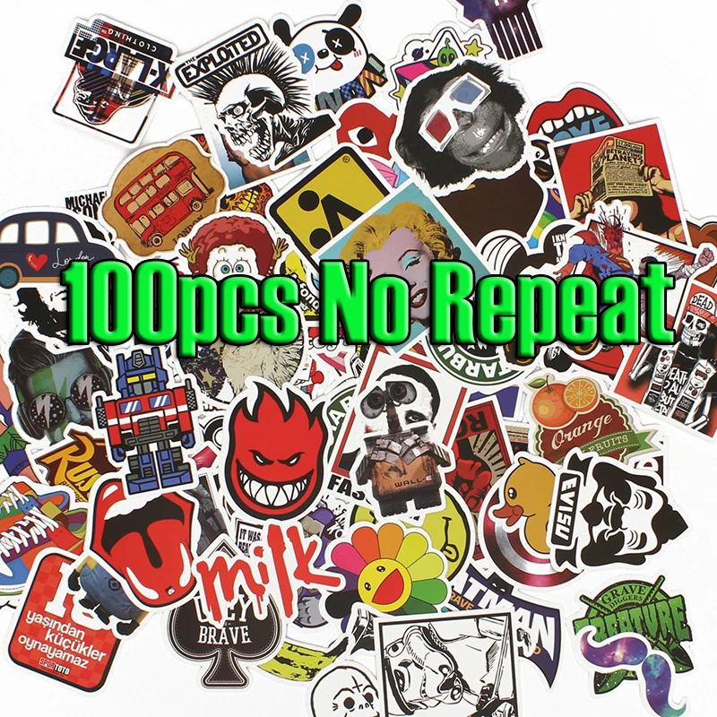 

8 Styles 100pcs No Repeat Stickers For Car PVC Waterproof Personality Car Motorcycle Trolley Cartoon Cool Graffiti F2