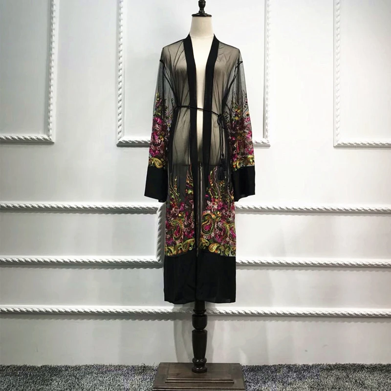 Plus Size Long Kimono Mujer 2019 Sexy Abaya Muslim Women Floral Embroidery Chiffon Mesh Cardigan Blouse Roupas Feminina Clothing